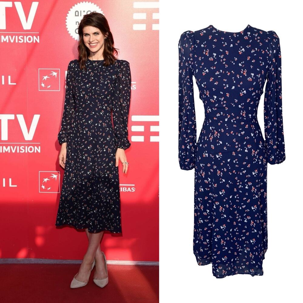 Reformation Luanne Blue Floral Midi Dress 0 Alexandra Daddario